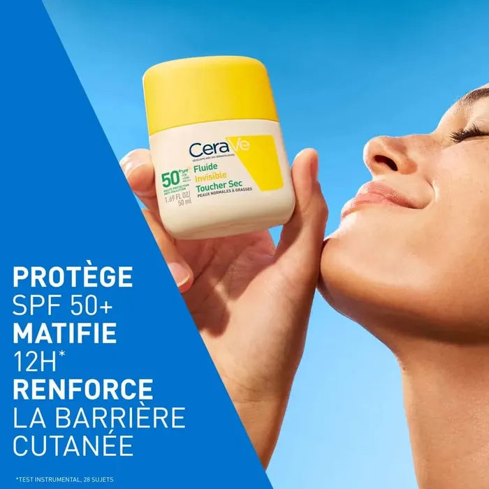 Fluide Solaire Invisible Toucher Sec SPF50+ - Visage et Cou - Peaux Normales à Grasses, 50ml